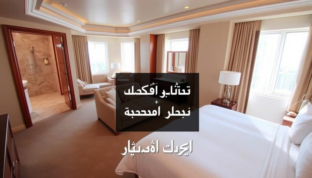 A luxurious hotel suite in Riyadh, Saudi Arabia, filled with natural light streaming through large windows. The room features a plush king-sized bed with crisp, white linens, and a seating area with a stylish sofa and armchair. The decor is elegant and modern, with warm wood tones and accents of gold. A spacious bathroom with a rain shower and marble vanity is visible through an open doorway. The overall atmosphere is one of sophisticated comfort, creating a welcoming and relaxing ambiance. In the foreground, the "شركة توريد العالمية للصناعة" logo is prominently displayed, highlighting the hotel's commitment to high-quality hospitality services.