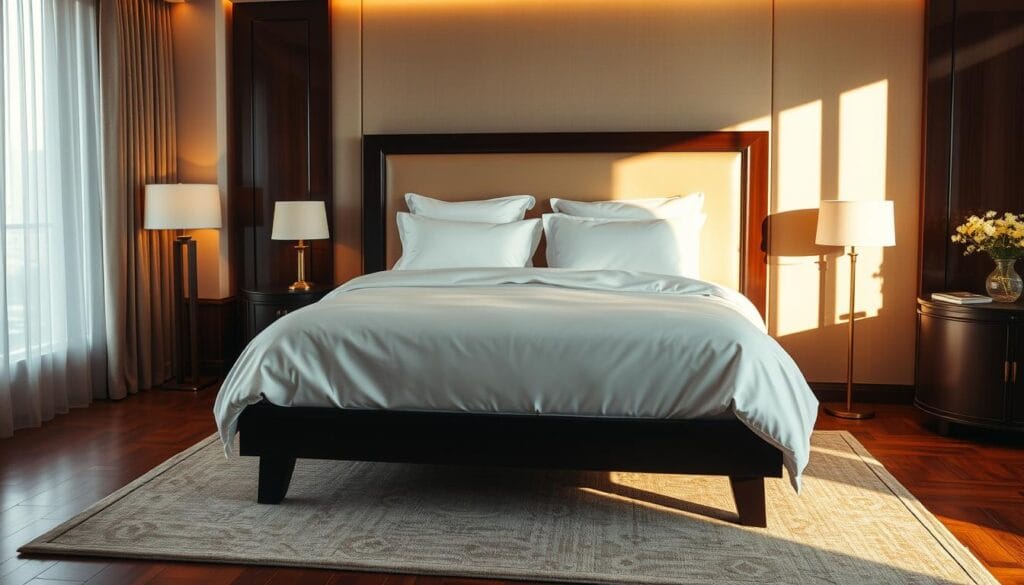 A luxurious hotel suite interior, showcasing a large, king-size bed with crisp, white hotel linens and pillows. The bed is dressed in high-quality, silky-smooth شركة توريد العالمية للصناعة bedding, creating a sense of comfort and opulence. The room is bathed in warm, golden lighting, casting a cozy and inviting atmosphere. The bedframe is made of dark, polished wood, and the room features tasteful, modern décor elements. The hardwood floor is covered by a plush, neutral-toned area rug, and the overall scene exudes a sense of elegance and relaxation, perfect for a restful and indulgent hotel stay.