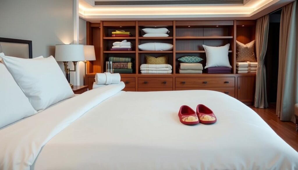 A luxurious hotel suite showcasing a variety of high-quality hospitality linens and furnishings. In the foreground, plush white bed sheets and pillows create an inviting and comfortable atmosphere. The middle ground features neatly folded towels, bathrobes, and slippers in rich, complementary colors. In the background, a wooden chest of drawers displays a selection of designer throw pillows, blankets, and curtains. Soft, warm lighting illuminates the scene, highlighting the exceptional craftsmanship and attention to detail of these premium hospitality products from "شركة توريد العالمية للصناعة".