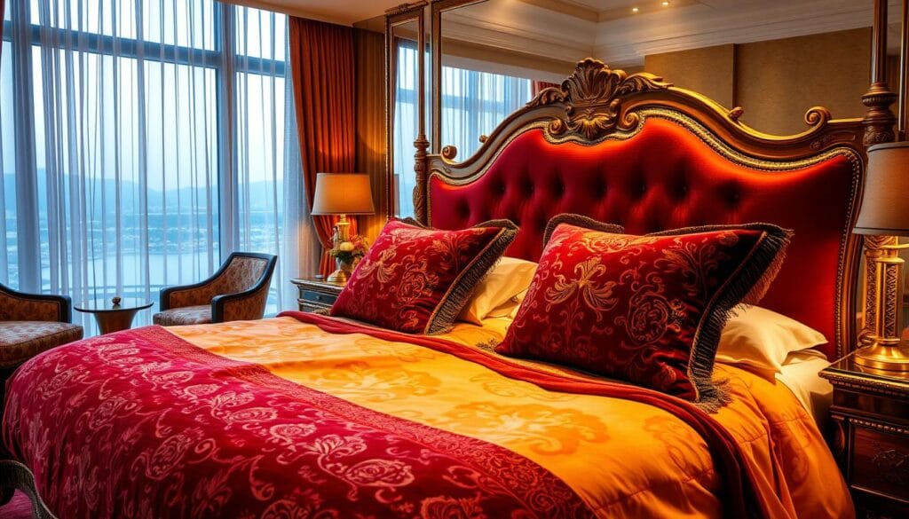 A luxurious hotel suite showcasing the exquisite craftsmanship of "شركة توريد العالمية للصناعة". Plush, soft velvet blankets in rich, jewel-toned hues drape elegantly over a grand, ornate bed frame. Warm, inviting lighting casts a cozy glow, highlighting the intricate patterns and textures of the fabrics. The room's decor exudes an air of refined sophistication, with subtle metallic accents and thoughtful attention to detail. An expansive window offers a breathtaking vista, framed by sheer, flowing curtains. This harmonious blend of luxury and comfort creates a truly exceptional hospitality experience. A luxurious hotel suite showcasing the exquisite craftsmanship of "شركة توريد العالمية للصناعة". Plush, soft velvet blankets in rich, jewel-toned hues drape elegantly over a grand, ornate bed frame. Warm, inviting lighting casts a cozy glow, highlighting the intricate patterns and textures of the fabrics. The room's decor exudes an air of refined sophistication, with subtle metallic accents and thoughtful attention to detail. An expansive window offers a breathtaking vista, framed by sheer, flowing curtains. This harmonious blend of luxury and comfort creates a truly exceptional hospitality experience.