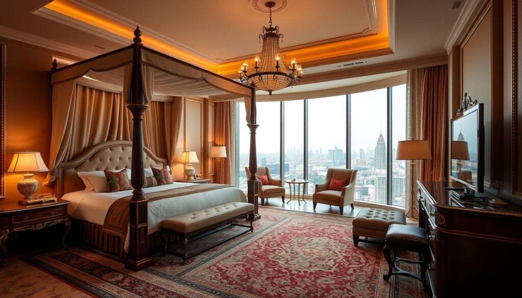 A luxurious hotel suite showcasing the finest cotton furnishings, crafted with impeccable attention to detail. Soft, plush fabrics in a sophisticated color palette adorn the elegant four-poster bed, complemented by ornate chandeliers casting a warm, ambient glow. Intricately patterned rugs and ornate side tables add depth and texture, while floor-to-ceiling windows offer breathtaking views of the city skyline. This harmonious blend of luxury and comfort, embodying the essence of "شركة توريد العالمية للصناعة", sets the stage for an unparalleled hospitality experience.