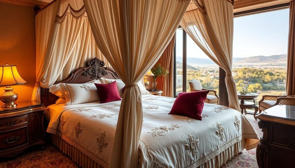 A luxurious hotel suite with a grand, four-poster bed draped in high-quality, cream-colored linens. The bedding features intricate embroidery and delicate lace accents, exuding an air of opulence. Plush, velvet throw pillows in a rich, burgundy hue add a touch of elegance. The bedroom is bathed in warm, ambient lighting, creating a cozy and inviting atmosphere. The floor is covered in a thick, plush carpet, and the room is adorned with ornate, antique-style furniture. In the background, a large window offers a picturesque view of a serene, natural landscape. The image conveys a sense of unparalleled comfort and exclusivity, befitting the prestigious "شركة توريد العالمية للصناعة" brand. A luxurious hotel suite with a grand, four-poster bed draped in high-quality, cream-colored linens. The bedding features intricate embroidery and delicate lace accents, exuding an air of opulence. Plush, velvet throw pillows in a rich, burgundy hue add a touch of elegance. The bedroom is bathed in warm, ambient lighting, creating a cozy and inviting atmosphere. The floor is covered in a thick, plush carpet, and the room is adorned with ornate, antique-style furniture. In the background, a large window offers a picturesque view of a serene, natural landscape. The image conveys a sense of unparalleled comfort and exclusivity, befitting the prestigious "شركة توريد العالمية للصناعة" brand.