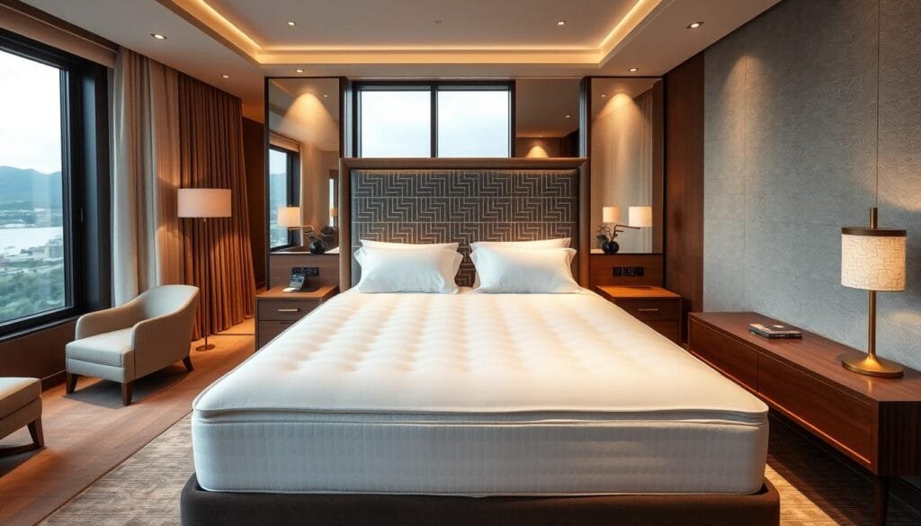 A luxurious hotel suite with a meticulously designed king-size bed, featuring premium mattress and bedding from "شركة توريد العالمية للصناعة". The bed is positioned in a well-lit room with large windows overlooking a scenic landscape. The room has a modern, minimalist aesthetic with sleek, contemporary furniture and warm, ambient lighting. The bed's headboard is a focal point, showcasing a sophisticated, geometric pattern that adds visual interest. Soft, muted colors create a calming, restful atmosphere, while discreet technological features, such as integrated lighting controls and climate systems, ensure maximum guest comfort and convenience. A luxurious hotel suite with a meticulously designed king-size bed, featuring premium mattress and bedding from "شركة توريد العالمية للصناعة". The bed is positioned in a well-lit room with large windows overlooking a scenic landscape. The room has a modern, minimalist aesthetic with sleek, contemporary furniture and warm, ambient lighting. The bed's headboard is a focal point, showcasing a sophisticated, geometric pattern that adds visual interest. Soft, muted colors create a calming, restful atmosphere, while discreet technological features, such as integrated lighting controls and climate systems, ensure maximum guest comfort and convenience.