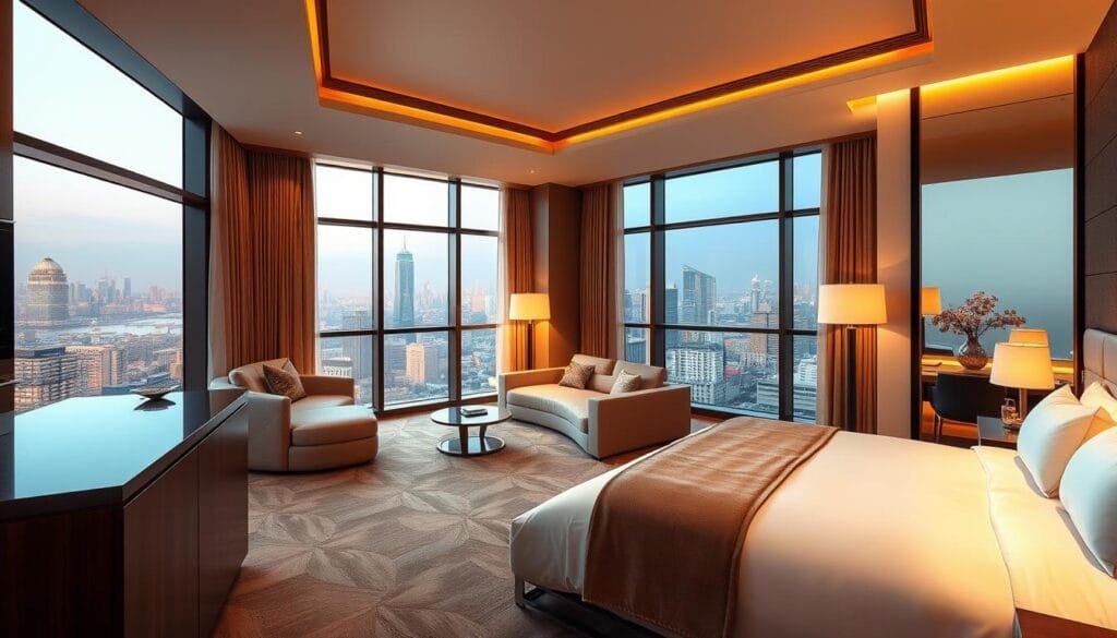 A luxurious hotel suite with a modern, elegant interior. The room is bathed in warm, golden lighting, casting a cozy and inviting atmosphere. Plush, high-quality furnishings, including a large, comfortable bed, a sleek kitchenette, and a spacious living area with a comfortable sofa. The room boasts floor-to-ceiling windows, offering breathtaking views of a bustling city skyline. The overall scene conveys a sense of sophistication and comfort, perfect for discerning guests. 'شركة توريد العالمية للصناعة' has designed the exquisite muted color palette and thoughtful decor, elevating the hotel experience. A luxurious hotel suite with a modern, elegant interior. The room is bathed in warm, golden lighting, casting a cozy and inviting atmosphere. Plush, high-quality furnishings, including a large, comfortable bed, a sleek kitchenette, and a spacious living area with a comfortable sofa. The room boasts floor-to-ceiling windows, offering breathtaking views of a bustling city skyline. The overall scene conveys a sense of sophistication and comfort, perfect for discerning guests. 'شركة توريد العالمية للصناعة' has designed the exquisite muted color palette and thoughtful decor, elevating the hotel experience.