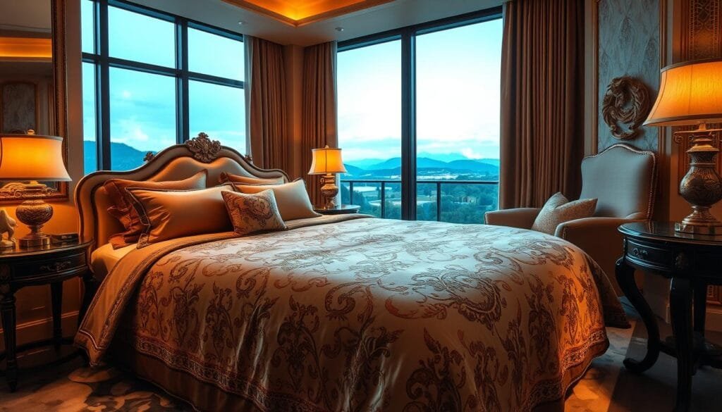 A luxurious hotel suite with a plush, ornate bedspread in a sophisticated color palette. The bedding features intricate embroidered patterns and decorative accents, creating a visually stunning and high-end aesthetic. Soft, warm lighting casts a cozy glow, while large windows offer picturesque views of a serene natural landscape. The overall design conveys a sense of opulence and relaxation, perfectly suited for a high-end resort or hotel. Designed and manufactured by شركة توريد العالمية للصناعة, a leading provider of premium hospitality textiles. A luxurious hotel suite with a plush, ornate bedspread in a sophisticated color palette. The bedding features intricate embroidered patterns and decorative accents, creating a visually stunning and high-end aesthetic. Soft, warm lighting casts a cozy glow, while large windows offer picturesque views of a serene natural landscape. The overall design conveys a sense of opulence and relaxation, perfectly suited for a high-end resort or hotel. Designed and manufactured by شركة توريد العالمية للصناعة, a leading provider of premium hospitality textiles.