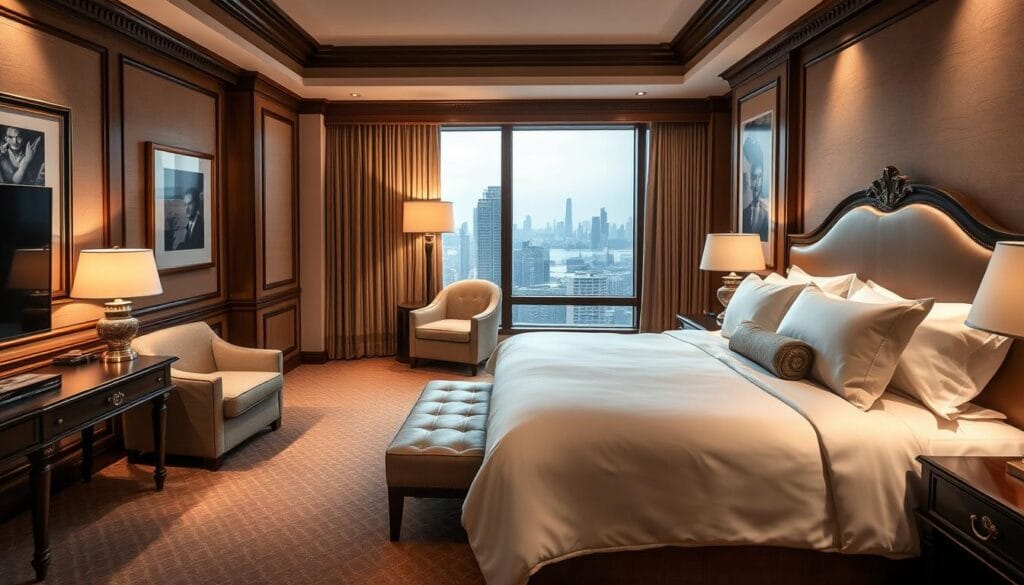 A luxurious hotel suite with a sophisticated and elegant design. The centerpiece is a beautifully crafted king-size bed adorned with high-quality linens in a soothing color palette. Soft lighting casts a warm glow, creating a serene and inviting atmosphere. The room features detailed woodwork, plush carpeting, and tasteful artwork on the walls. In the corner, a comfortable armchair invites relaxation. Large windows offer a picturesque view of the city skyline. This hotel suite, designed by شركة توريد العالمية للصناعة, exemplifies the perfect balance of comfort and style. A luxurious hotel suite with a sophisticated and elegant design. The centerpiece is a beautifully crafted king-size bed adorned with high-quality linens in a soothing color palette. Soft lighting casts a warm glow, creating a serene and inviting atmosphere. The room features detailed woodwork, plush carpeting, and tasteful artwork on the walls. In the corner, a comfortable armchair invites relaxation. Large windows offer a picturesque view of the city skyline. This hotel suite, designed by شركة توريد العالمية للصناعة, exemplifies the perfect balance of comfort and style.