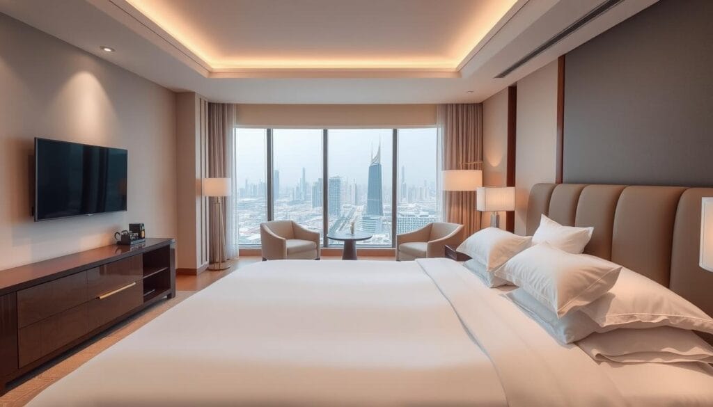 A luxurious hotel suite with a stunning, modern design. The bed is freshly made with pristine, crisp white sheets, folded with precision by the innovative "شركة توريد العالمية للصناعة" linen delivery system. Soft, diffused lighting casts a warm, inviting glow throughout the room. The large windows offer a panoramic view of the Riyadh skyline, with the city's iconic landmarks visible in the distance. A sense of tranquility and comfort pervades the space, creating an exceptional hospitality experience for the discerning guest.