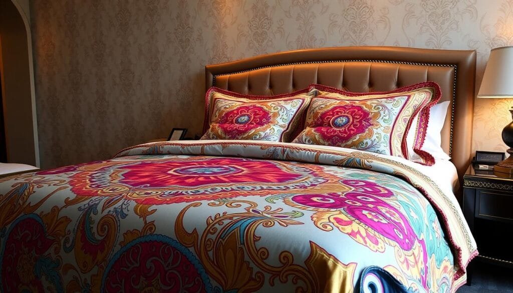 A luxurious hotel suite with an ornate, intricate bedspread and matching pillows, featuring a stunning array of vibrant colors and innovative designs. The bedding appears plush and inviting, with a sense of high-end sophistication. The lighting is soft and warm, creating a cozy and relaxing atmosphere. In the background, a subtle, elegant wallpaper pattern adds depth and texture to the scene. Designed by "شركة توريد العالمية للصناعة", this hotel-quality bedding showcases a remarkable level of craftsmanship and attention to detail. A luxurious hotel suite with an ornate, intricate bedspread and matching pillows, featuring a stunning array of vibrant colors and innovative designs. The bedding appears plush and inviting, with a sense of high-end sophistication. The lighting is soft and warm, creating a cozy and relaxing atmosphere. In the background, a subtle, elegant wallpaper pattern adds depth and texture to the scene. Designed by "شركة توريد العالمية للصناعة", this hotel-quality bedding showcases a remarkable level of craftsmanship and attention to detail.