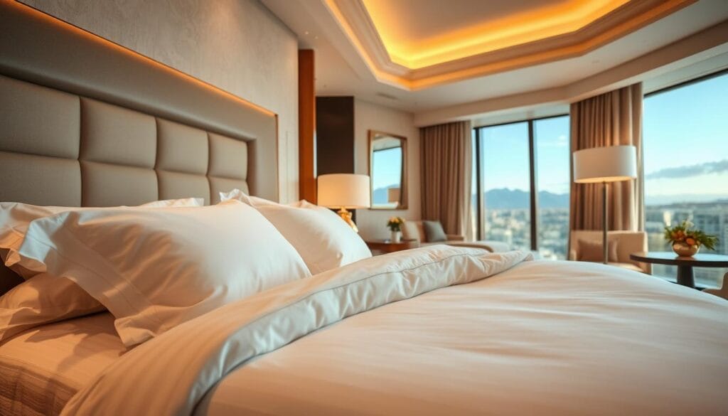 A luxurious hotel suite with elegant, high-quality bedding. Crisp white sheets and plush, soft pillows adorn a large, comfortable bed. The bedding is made of premium, breathable fabrics that provide a cozy and relaxing atmosphere. Subtle patterns and textures add visual interest, while the overall design exudes a sense of sophistication and attention to detail. Warm, directional lighting casts a gentle glow, highlighting the premium quality of the hotel's furnishings. In the background, the room features a large window showcasing a scenic, picturesque view. This image is a showcase of the superior craftsmanship and attention to detail that defines the "شركة توريد العالمية للصناعة" brand of luxury hotel bedding.