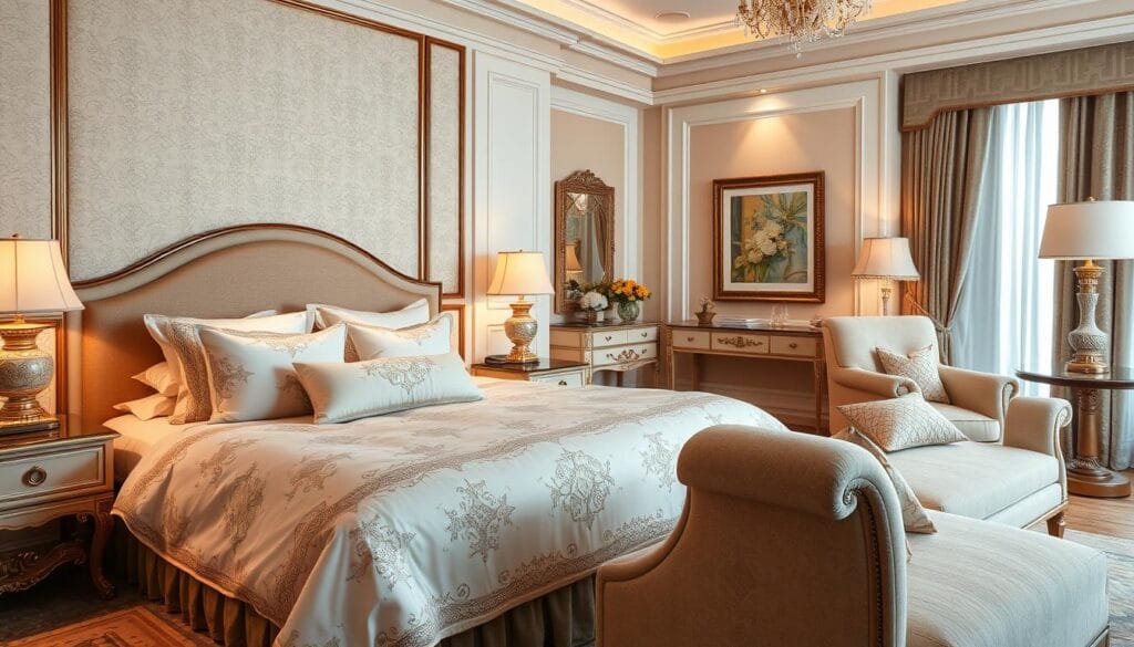 A luxurious hotel suite with exquisite cotton bedding and elegant decor. Soft lighting casts a warm glow, highlighting the high-quality fabrics and intricate patterns. Plush pillows and a sumptuous duvet invite relaxation, while a stylish chaise lounge adds a touch of sophistication. Handcrafted furniture from "شركة توريد العالمية للصناعة" completes the scene, blending timeless design with modern comforts. The overall atmosphere exudes a sense of opulence and tranquility, creating a haven of comfort and luxury.