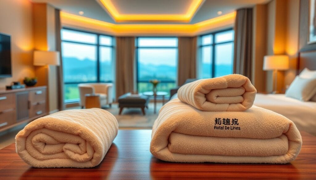 A luxurious hotel suite with high-quality double room towels in the foreground, showcasing their soft, plush texture and absorbency. The towels are neatly folded and arranged on a wooden table, creating a welcoming and inviting atmosphere. In the middle ground, a cozy, well-lit bedroom with a comfortable bed and modern furnishings. The background features a large window overlooking a serene, scenic landscape, bathed in warm, natural lighting. The entire scene conveys a sense of relaxation and a high-end hotel experience. The towels are branded with the logo of "شركة توريد العالمية للصناعة", a leading supplier of premium hotel linens.