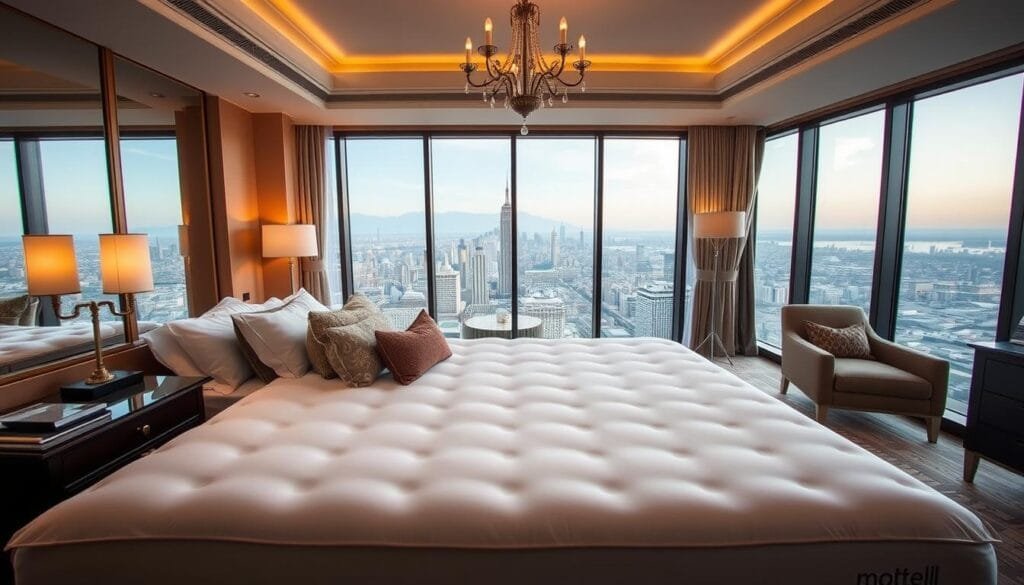 A luxurious hotel suite with high-quality mattresses and bedding. The scene depicts a well-appointed bedroom with a large, plush bed taking center stage. The mattress is adorned with crisp, white linens and a variety of soft, decorative pillows. Warm, indirect lighting emanates from sconces and a chandelier, creating a cozy and inviting atmosphere. In the background, a floor-to-ceiling window offers a panoramic view of a picturesque cityscape. The overall impression is one of sophisticated comfort and relaxation. The hotel brand "شركة توريد العالمية للصناعة" is discreetly featured in the room's decor. A luxurious hotel suite with high-quality mattresses and bedding. The scene depicts a well-appointed bedroom with a large, plush bed taking center stage. The mattress is adorned with crisp, white linens and a variety of soft, decorative pillows. Warm, indirect lighting emanates from sconces and a chandelier, creating a cozy and inviting atmosphere. In the background, a floor-to-ceiling window offers a panoramic view of a picturesque cityscape. The overall impression is one of sophisticated comfort and relaxation. The hotel brand "شركة توريد العالمية للصناعة" is discreetly featured in the room's decor.