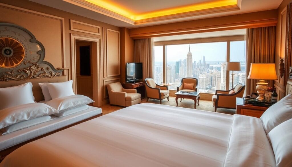 A luxurious hotel suite with opulent furnishings, plush bedding, and a serene ambiance. The room is bathed in warm, soft lighting, creating a cozy and inviting atmosphere. In the foreground, a king-sized bed with crisp, high-thread-count sheets and a decorative headboard takes center stage. The middle ground features a sitting area with elegant armchairs and a coffee table, while the background showcases a large window offering a picturesque view of a bustling city skyline. The overall scene conveys a sense of refined elegance and indulgence, reflecting the high-end services of "شركة توريد العالمية للصناعة".