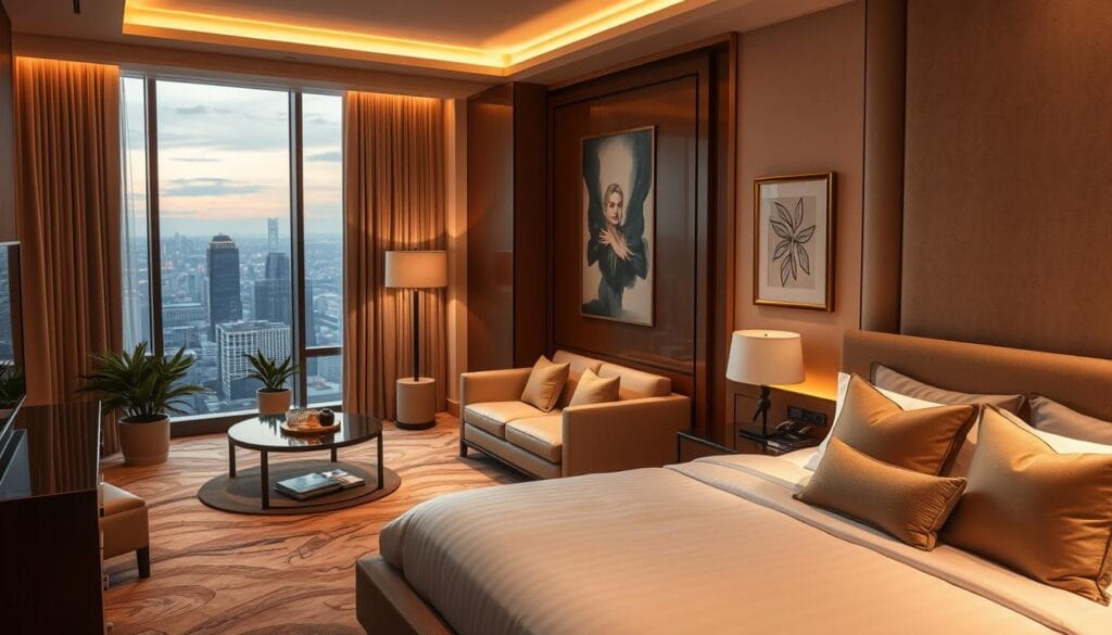 A luxurious hotel suite with plush, contemporary furnishings designed by "شركة توريد العالمية للصناعة". The room is bathed in warm, golden lighting, creating a cozy and inviting ambiance. The focal point is a large, comfortable bed with high-quality linens and an array of decorative pillows. Nearby, a stylish sitting area features a modern sofa and armchair, complemented by a sleek coffee table. Floor-to-ceiling windows offer breathtaking city views, while subtle artwork and potted plants add visual interest throughout the space. The overall design reflects a harmonious balance of form and function, catering to the discerning tastes of hotel guests.