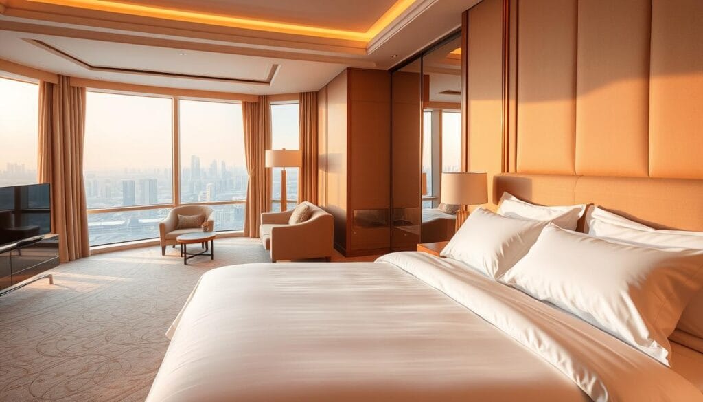 A luxurious hotel suite with plush, high-quality bedding from شركة توريد العالمية للصناعة. The bedding features a crisp, white duvet cover, soft sheets, and a fluffy pillow-top mattress. The room is filled with warm, golden lighting, creating a cozy and inviting atmosphere. The furniture is modern and minimalist, with clean lines and neutral tones. Large windows offer a panoramic view of a bustling city skyline. The overall scene exudes an air of sophistication and comfort, perfectly capturing the essence of a premium hotel experience.