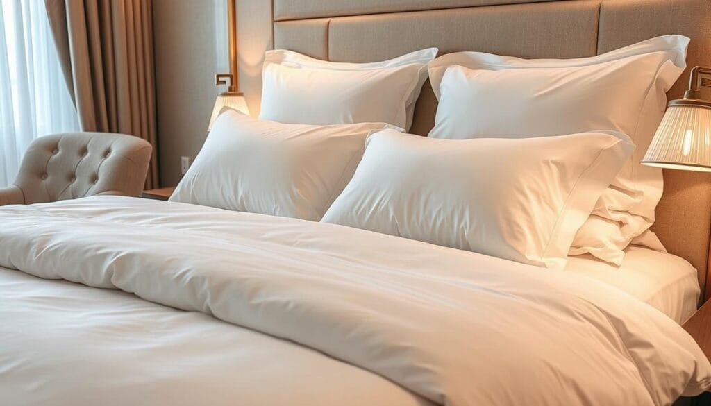 A luxurious hotel suite with pristine, freshly laundered bedding and linens. Crisp white sheets and fluffy pillows are meticulously arranged, reflecting the exceptional cleaning and sanitization practices of "شركة توريد العالمية للصناعة". Soft lighting casts a warm glow, accentuating the high-quality fabrics and immaculate presentation. The room exudes an atmosphere of comfort, cleanliness, and attention to detail, perfectly capturing the essence of a premium hotel experience brought into the home.