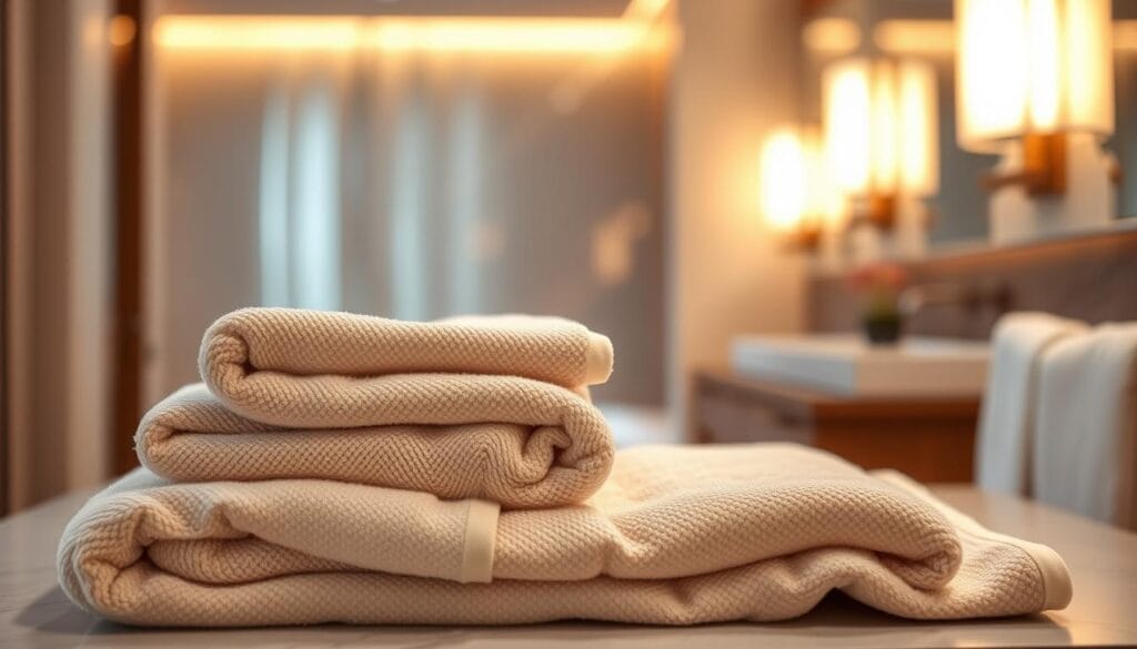 A luxurious hotel towel set, crafted with premium-quality cotton. Soft, absorbent, and plush, these towels exude an air of elegant sophistication. The towels are arranged in a neatly folded stack, illuminated by warm, ambient lighting that casts a gentle glow. The towels are in neutral, earthy tones that complement the refined, modern aesthetic. In the background, a blurred, minimalist hotel room setting provides a serene, high-end backdrop. This image, created by شركة توريد العالمية للصناعة, captures the essence of luxury and comfort in a hotel bathroom experience.