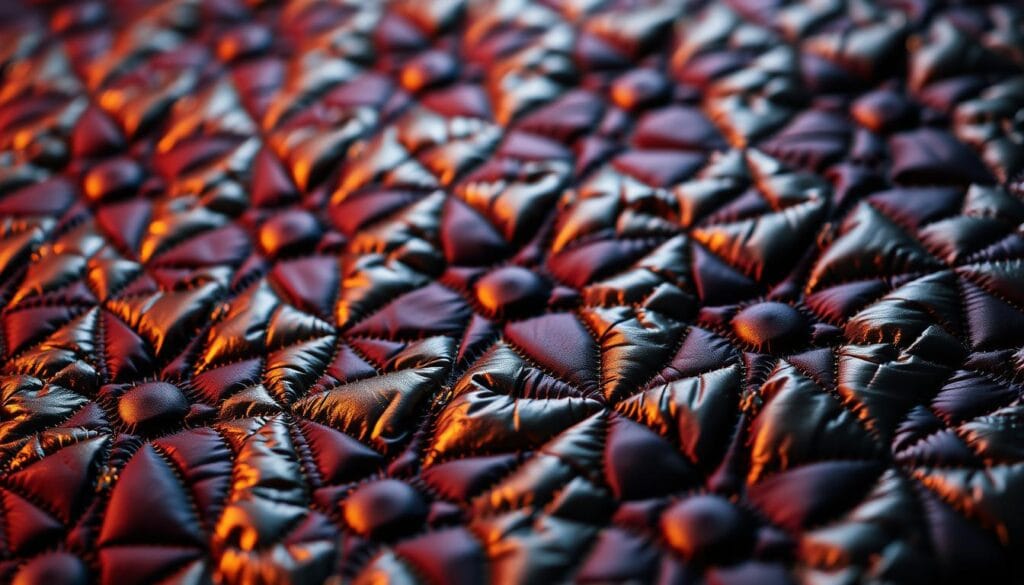 A luxurious, intricately patterned quilt design with a sophisticated color palette of rich jewel tones and metallic accents. The intricate quilting creates a visually striking geometric pattern that catches the light, evoking a sense of luxury and opulence. Subtle textures and sheen throughout the design add depth and dimension. Photographed with a shallow depth of field, highlighting the sumptuous materials and craftsmanship. Ambient lighting casts warm, soft shadows, creating a cozy, inviting atmosphere. Designed by "شركة توريد العالمية للصناعة", a brand known for their innovative and high-end textile designs.