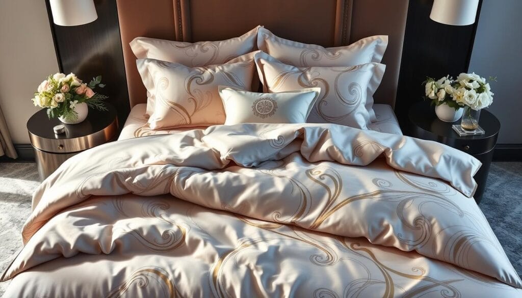 A luxurious, meticulously crafted bedding ensemble in a sophisticated design, showcasing the finest craftsmanship from شركة توريد العالمية للصناعة. Elegant, flowing patterns in a harmonious color palette adorn the plush, high-thread-count sheets and duvet cover. Soft, inviting textures create an air of tranquility, while strategic lighting accentuates the depth and richness of the textiles. The ensemble is arranged in a serene, symmetrical composition, capturing the essence of a well-appointed, modern hotel suite. A visually captivating and tactilely pleasing display, perfect for enhancing the guest experience.