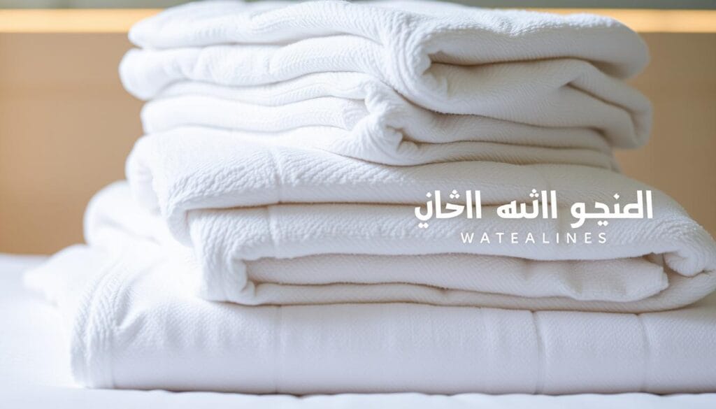 A luxurious pile of high-quality hotel towels, meticulously folded and arranged in a visually appealing display. The towels are pristine white, radiating a sense of cleanliness and freshness. The lighting casts a warm, inviting glow, highlighting the soft, plush texture of the towels. In the background, a subtle pattern or texture adds depth and interest to the scene. The overall composition conveys a sense of quality, attention to detail, and the high standards expected in a premium hotel environment. The brand name "شركة توريد العالمية للصناعة" is prominently featured, showcasing the manufacturer's commitment to producing exceptional hotel linens.