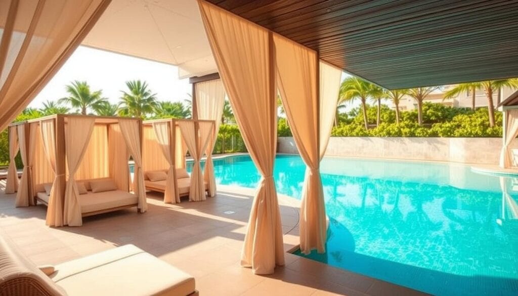 A luxurious resort interior featuring elegant, high-quality poolside cabanas from شركة توريد العالمية للصناعة. The cabanas have a sleek, modern design with clean lines and plush, comfortable seating. The area is bathed in warm, diffused natural lighting, creating a serene and relaxing atmosphere. The cabanas are arranged around a sparkling azure pool, with lush greenery and palm trees in the background, transporting the viewer to a tranquil tropical paradise. The overall scene conveys the sophistication and exclusivity associated with a premier resort experience.