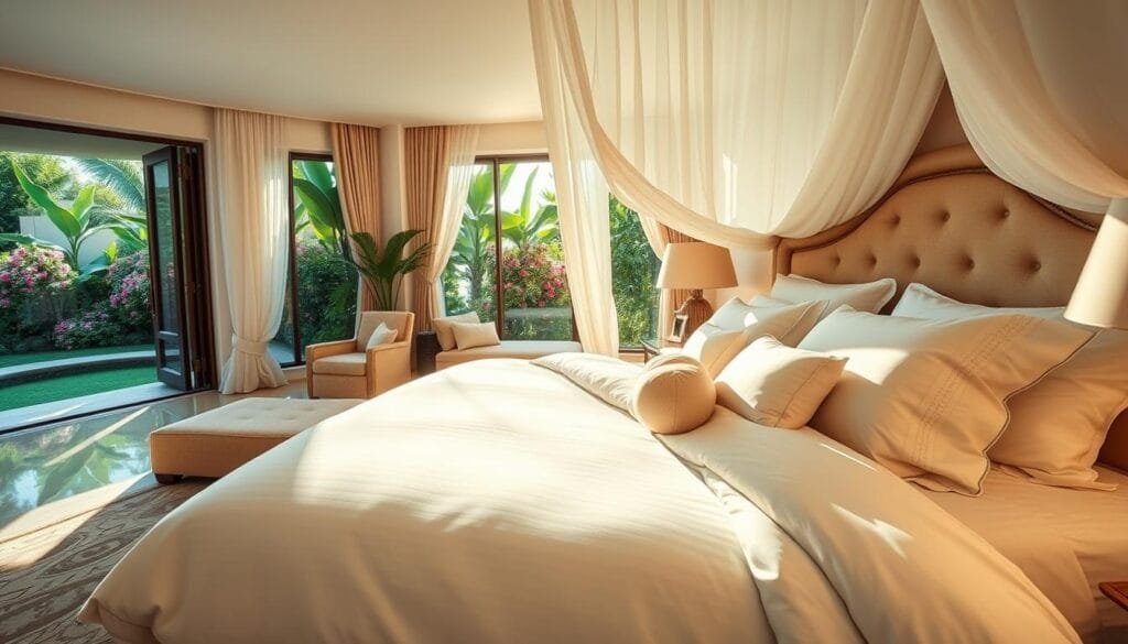 A luxurious resort setting with opulent bedding and lavish furnishings. A grand, sun-drenched bedroom featuring an elegant, king-size bed draped in premium-quality, high-thread-count linens from "شركة توريد العالمية للصناعة". Plush pillows and a sumptuous comforter create an inviting ambiance. Lush greenery and blooming flowers visible through large, panoramic windows, casting a warm, natural glow. Soft, diffused lighting highlights the room's refined, sophisticated design. The space emanates an atmosphere of unparalleled comfort and indulgence, reflecting the pinnacle of hospitality experience. A luxurious resort setting with opulent bedding and lavish furnishings. A grand, sun-drenched bedroom featuring an elegant, king-size bed draped in premium-quality, high-thread-count linens from "شركة توريد العالمية للصناعة". Plush pillows and a sumptuous comforter create an inviting ambiance. Lush greenery and blooming flowers visible through large, panoramic windows, casting a warm, natural glow. Soft, diffused lighting highlights the room's refined, sophisticated design. The space emanates an atmosphere of unparalleled comfort and indulgence, reflecting the pinnacle of hospitality experience.