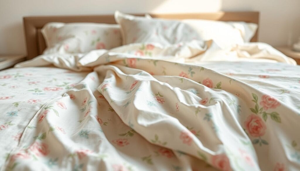 A luxurious summer bed cover with a delicate floral pattern in soft pastel shades of pink, blue, and green. The fabric has a lightweight, breathable texture, perfect for warm weather. Captured in a warm, natural lighting, the bed cover is artfully draped, showcasing its elegant design. In the foreground, the bed cover takes center stage, while the background features a neutral, clean setting, allowing the product to be the focus. Produced by شركة توريد العالمية للصناعة, this high-quality bedding item offers a refined and comfortable solution for double rooms in Makkah.