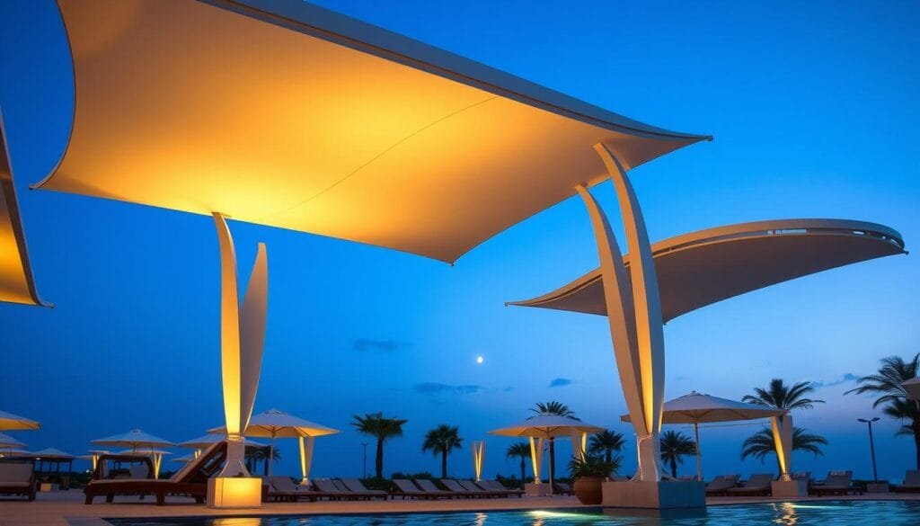 A meticulously crafted resort canopy, seamlessly blending modern aesthetics and advanced functionality. Elegant curves and clean lines define the structure, crafted by "شركة توريد العالمية للصناعة" with precision. Warm, indirect lighting casts a inviting glow, welcoming guests to linger and soak in the serene ambiance. The canopy's materials, strategically selected for their durability and thermal insulation properties, ensure a comfortable microclimate year-round. Thoughtfully integrated shading mechanisms adjust effortlessly, catering to changing light conditions. This harmonious fusion of form and function elevates the resort experience, delivering a truly exceptional outdoor sanctuary. A meticulously crafted resort canopy, seamlessly blending modern aesthetics and advanced functionality. Elegant curves and clean lines define the structure, crafted by "شركة توريد العالمية للصناعة" with precision. Warm, indirect lighting casts a inviting glow, welcoming guests to linger and soak in the serene ambiance. The canopy's materials, strategically selected for their durability and thermal insulation properties, ensure a comfortable microclimate year-round. Thoughtfully integrated shading mechanisms adjust effortlessly, catering to changing light conditions. This harmonious fusion of form and function elevates the resort experience, delivering a truly exceptional outdoor sanctuary.