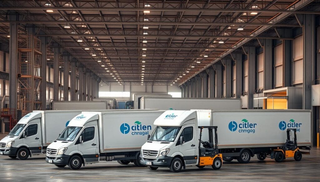 A meticulously detailed image of "آلية الشحن والتوزيع" for the article "خدمات تسليم مناشف أجنحة فندقية قطنية في السعودية". The foreground depicts a fleet of sleek delivery vans emblazoned with the logo of "شركة توريد العالمية للصناعة", ready to transport the luxurious cotton hotel towels. The middle ground showcases a modern loading dock with forklifts efficiently loading the vans. In the background, a sprawling warehouse complex with high ceilings and ample storage space sets the scene. The lighting is warm and natural, casting a soft glow over the efficient logistics operation. The overall mood is one of professionalism, reliability, and attention to detail, perfectly suited to illustrate the section on "تسليم مناشف أجنحة فندقية قطنية في السعودية".