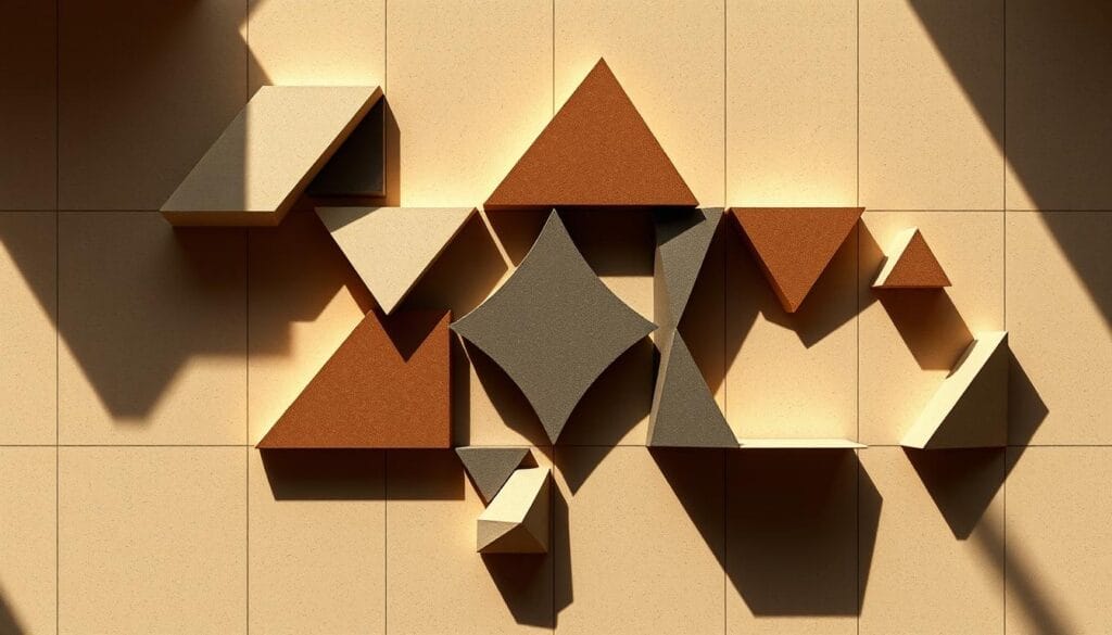 A meticulously rendered geometric composition showcasing an innovative arrangement of various shapes, including triangles, squares, and hexagons. The design exudes a sense of balance, symmetry, and visual harmony, with each element precisely positioned to create a captivating and cohesive whole. The layout is enhanced by a warm, ambient lighting that casts soft shadows, adding depth and dimension to the scene. Rendered in a muted, earthy color palette, the image evokes a sense of sophistication and timelessness, reflecting the high-quality craftsmanship of "شركة توريد العالمية للصناعة" and their commitment to practical and innovative design solutions.