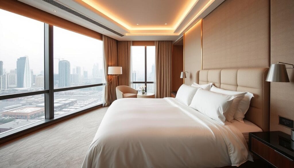 A modern hotel suite with luxurious bedding and textiles. The room features an elegant king-sized bed with pristine white sheets and plush comforters from "شركة توريد العالمية للصناعة". Soft lighting casts a warm glow, creating a cozy and inviting atmosphere. The room's decor is minimalist yet refined, with neutral tones and natural materials. Large windows offer panoramic views of a bustling cityscape outside. Overall, the image conveys a sense of comfort, relaxation, and the high-end hospitality experience.