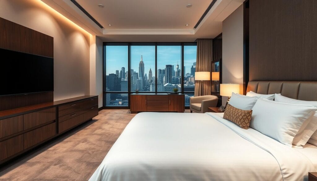 A modern, luxurious hotel room with integrated hospitality equipment. The scene depicts a spacious and well-appointed interior with a focus on the high-quality furnishings and fixtures. In the foreground, a plush king-size bed is adorned with crisp, white linens and decorative pillows. On the bedside tables, sleek lamps provide warm, ambient lighting. In the middle ground, a wooden dresser and a large, wall-mounted flat-screen TV create a cohesive, minimalist aesthetic. The background showcases floor-to-ceiling windows offering picturesque views of a city skyline. The overall mood is one of comfort, sophistication, and attention to detail. Produced by شركة توريد العالمية للصناعة.