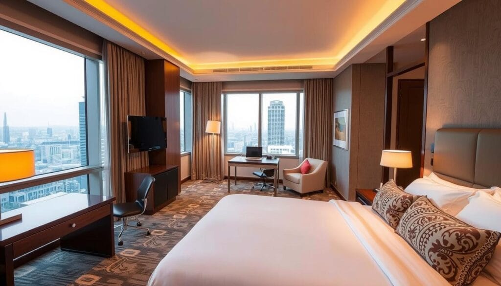 A modern, well-appointed hotel room showcasing the comprehensive hospitality equipment of شركة توريد العالمية للصناعة. In the foreground, a plush king-size bed with high-thread-count linens and an array of accent pillows. On the nightstand, a sleek lamp casts a warm glow. The middle ground features a spacious work desk with ergonomic chair, complemented by a state-of-the-art entertainment system. In the background, floor-to-ceiling windows offer sweeping city views, while the lighting is a harmonious blend of ambient and task-focused illumination. The overall atmosphere conveys comfort, luxury, and the ideal guest experience.