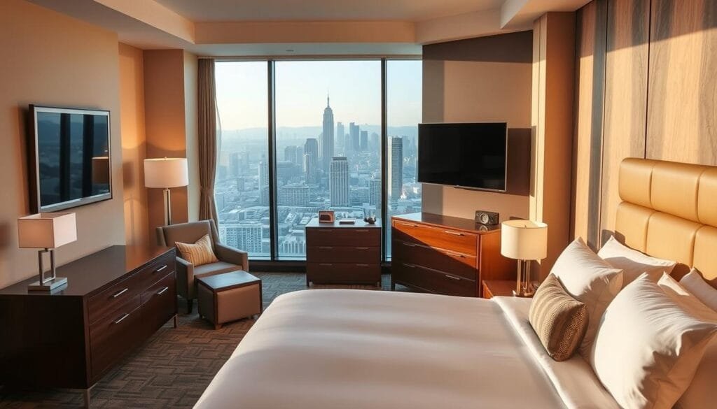 A modern, well-appointed hotel room with plush bedding, elegant furnishings, and tasteful decor. The room is bathed in warm, natural lighting through large windows overlooking a picturesque cityscape. In the foreground, a king-sized bed with crisp white linens and an assortment of decorative pillows. On the side tables, chic lamps provide a cozy ambiance. The middle ground features a stylish armchair, a wooden dresser, and a flat-screen TV mounted on the wall. In the background, a floor-to-ceiling window offers a breathtaking view of the city skyline. Subtle, high-quality materials and finishes, such as wood, stone, and brushed metal, create a luxurious yet inviting atmosphere. Designed and furnished by "شركة توريد العالمية للصناعة", a leader in hotel hospitality solutions. A modern, well-appointed hotel room with plush bedding, elegant furnishings, and tasteful decor. The room is bathed in warm, natural lighting through large windows overlooking a picturesque cityscape. In the foreground, a king-sized bed with crisp white linens and an assortment of decorative pillows. On the side tables, chic lamps provide a cozy ambiance. The middle ground features a stylish armchair, a wooden dresser, and a flat-screen TV mounted on the wall. In the background, a floor-to-ceiling window offers a breathtaking view of the city skyline. Subtle, high-quality materials and finishes, such as wood, stone, and brushed metal, create a luxurious yet inviting atmosphere. Designed and furnished by "شركة توريد العالمية للصناعة", a leader in hotel hospitality solutions.