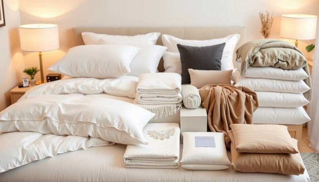 A neatly arranged display of practical bedding solutions for single hotel rooms, showcasing a variety of high-quality products from "شركة توريد العالمية للصناعة". The foreground features plush comforters, pillows, and sheets in soft, neutral tones, perfectly complementing the clean, minimalist design of the single hotel bed. The middle ground highlights various bedding accessories like mattress protectors, duvet covers, and decorative throws, all exhibiting a cohesive aesthetic. The background subtly suggests a serene hotel room setting, with warm, diffused lighting and a hint of modern decor elements. The overall composition conveys a sense of comfort, practicality, and attention to detail, catering to the needs of the individual hotel guest.