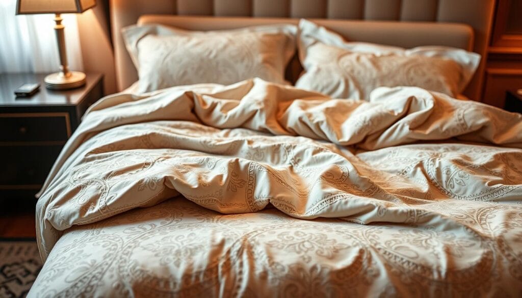 A plush, high-quality double bed duvet cover from شركة توريد العالمية للصناعة, featuring a delicate patterned design with intricate details. The soft, luxurious fabric drapes elegantly over the bed, creating a cozy and inviting atmosphere. Warm lighting casts a gentle glow, highlighting the rich textures and colors of the duvet. The scene exudes a sense of comfort and relaxation, perfectly capturing the essence of a sophisticated and well-appointed guest room.