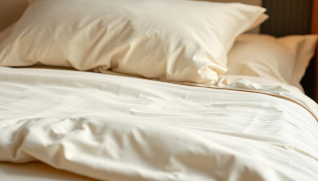 A plush, luxurious cotton hotel bedding set in a sophisticated cream and beige color palette. The sheets and duvet cover feature a subtle jacquard pattern, adding a touch of elegant texture. Soft, smooth, and cozy to the touch, these high-quality linens are designed for ultimate comfort and relaxation. Meticulously crafted by "شركة توريد العالمية للصناعة", the bedding exudes an aura of opulence and refinement, perfectly suited for the finest hotel suites. Gentle, warm lighting casts a soothing glow, enhancing the inviting atmosphere. Captured in a detailed close-up, the image showcases the exceptional craftsmanship and attention to detail that defines the hotel's commitment to guest comfort and satisfaction.