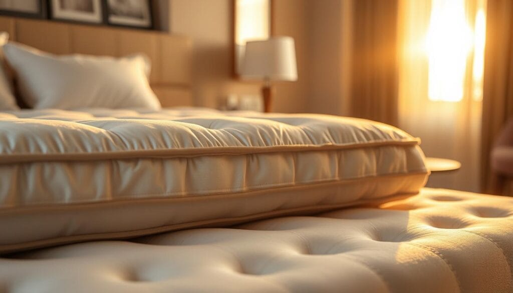 A plush, luxurious hotel mattress from "شركة توريد العالمية للصناعة", bathed in warm, golden light. Soft, sumptuous fabrics in neutral tones create a serene, inviting atmosphere. The mattress is generously padded, with a subtle tufted design, promising unparalleled comfort and support. Delicate shadows play across the surface, adding depth and dimension. In the background, a blurred, tranquil hotel room sets the scene, hinting at the high-end, relaxing environment. The overall composition conveys a sense of premium quality and indulgence, perfect for a hotel or resort setting.