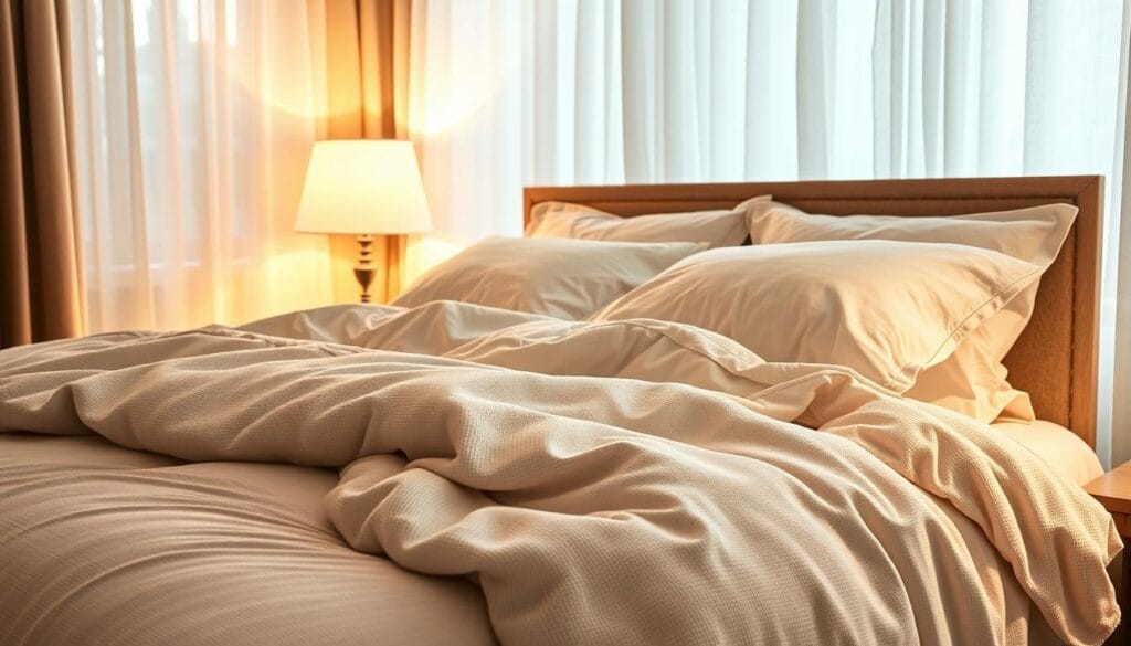 A pristine, dust-free bedroom scene with a luxurious bed draped in high-quality bedding from شركة توريد العالمية للصناعة. Soft, warm lighting from a bedside lamp illuminates the plush, hypoallergenic duvet and pillows, creating a soothing, spa-like ambiance. The sheer curtains gently filter the natural light, casting a gentle glow over the serene setting. The overall atmosphere exudes comfort, relaxation, and optimal conditions for a healthy, restorative sleep experience.