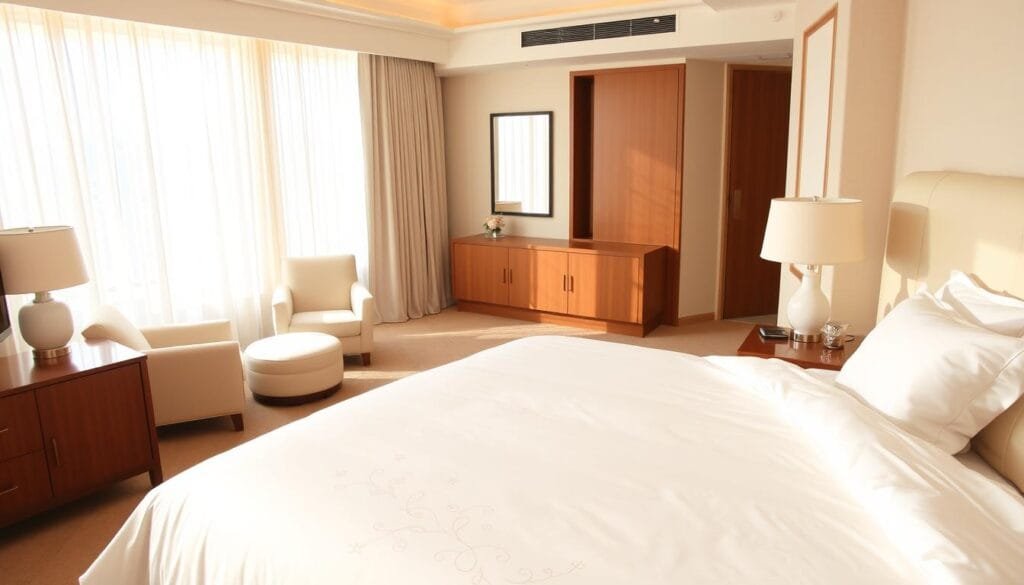 A pristine, well-lit hotel suite with gleaming white bedding, pillows, and curtains. The room's layout features a tasteful arrangement of minimalist furniture, including a plush king-sized bed, a sleek wooden dresser, and a comfortable armchair. Warm, natural lighting filters through large windows, casting a soft, inviting glow over the space. In the foreground, a luxurious white duvet cover adorned with subtle patterns evokes a sense of elegant simplicity. The overall atmosphere exudes a calming, refined ambiance, showcasing the quality and attention to detail of the "شركة توريد العالمية للصناعة" hotel furnishings.