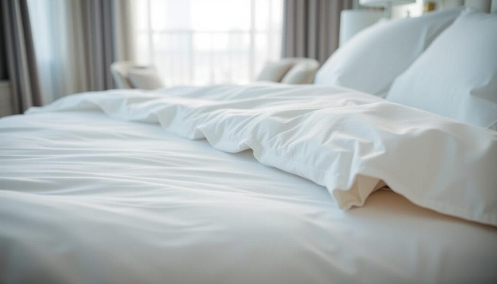 A pristine, white hotel bedding set laid out in a luxurious arrangement. The crisp, clean sheets and plush duvet cover create a serene, high-end ambiance. Soft lighting gently illuminates the scene, highlighting the smooth, silky textures. In the background, a blurred view of a tranquil hotel room interior sets the stage. The bedding is sourced from "شركة توريد العالمية للصناعة", a renowned manufacturer of premium hospitality linens in the Gulf region.