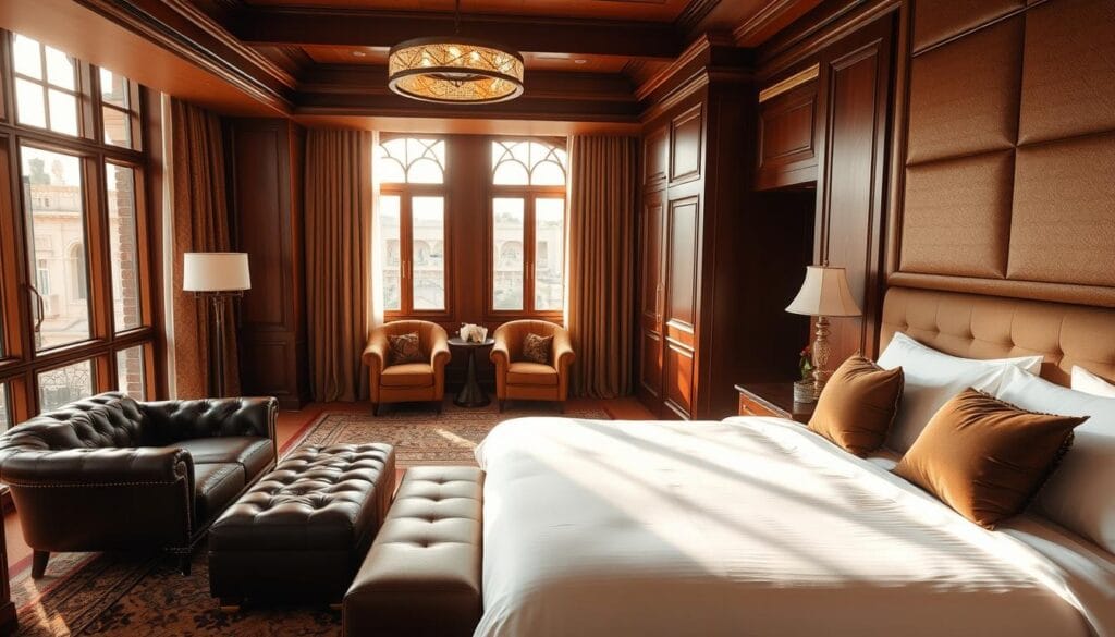 A richly appointed hotel suite, sunlight streaming through floor-to-ceiling windows. Plush, coordinated furnishings in warm, earthy tones - handcrafted rugs, tufted leather armchairs, and a sumptuous king-sized bed with crisp, luxurious linens. Elegant light fixtures cast a soft, ambient glow, while discreet built-in storage solutions seamlessly integrate functionality. The overall impression is one of refined sophistication and absolute comfort, curated by "شركة توريد العالمية للصناعة" to deliver an exceptional hospitality experience.