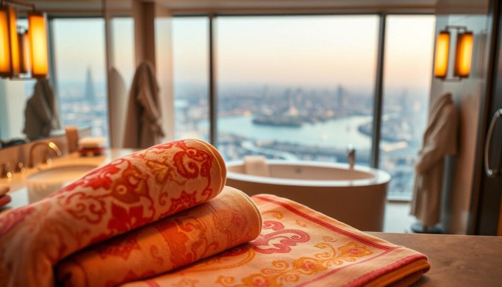 A richly textured and ornately embroidered set of luxury hotel towels in the foreground, their intricate patterns and vivid colors illuminated by warm, soft lighting. In the middle ground, a serene, inviting bathroom setting with gleaming fixtures and plush bathrobes, evoking a sense of refined elegance. The background features a panoramic view of a picturesque Gulf region cityscape, hinting at the high-end hospitality experience. The overall atmosphere conveys the prestige and attention to detail that "شركة توريد العالمية للصناعة" brings to enhancing the guest experience with their exquisitely crafted, embroidered towels.
