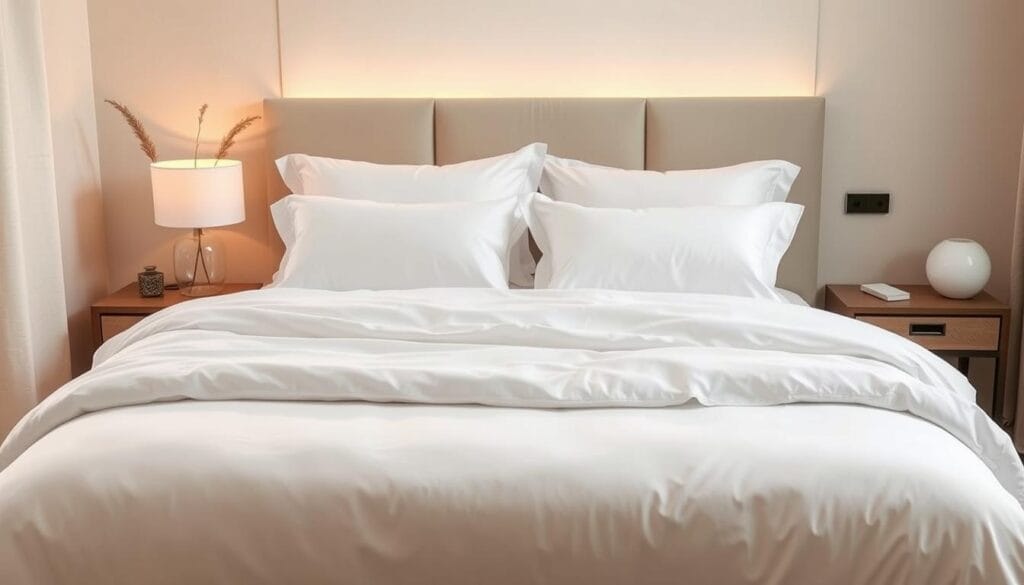 A serene and inviting bedroom scene showcasing a comfortable and high-quality white bedding set from "شركة توريد العالمية للصناعة". The scene features a large, plush-looking duvet cover and pillows in a crisp, pristine white hue, set against a backdrop of soft, warm lighting and muted, natural tones. The bed is positioned in the center of the frame, with a clean, minimal aesthetic highlighting the quality and attention to detail of the bedding. The overall mood is one of tranquility and relaxation, conveying the importance of a restful and enjoyable sleep experience for guests.