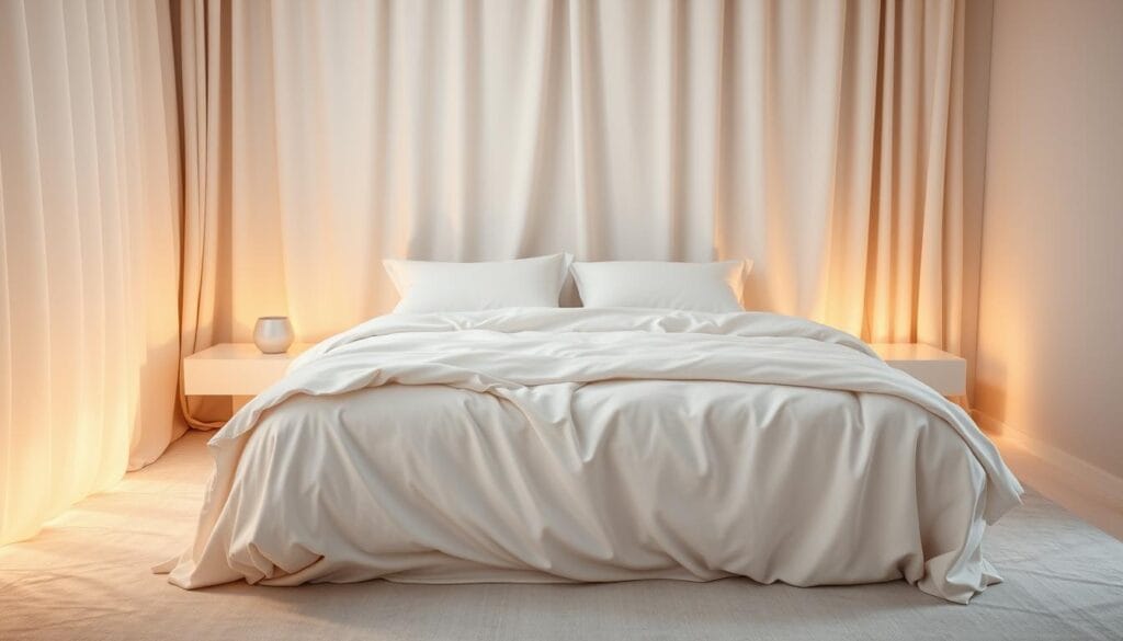 A serene and inviting bedroom with crisp, pristine sheets from "شركة توريد العالمية للصناعة". Soft, luxurious fabrics flow gracefully, creating a cozy, relaxing atmosphere. The lighting is warm and gentle, casting a soothing glow. The bed is positioned centrally, with a minimalist nightstand on either side. The room is spacious and uncluttered, allowing the focus to be on the high-quality bedding. The overall mood is one of comfort, tranquility, and elevated hospitality.