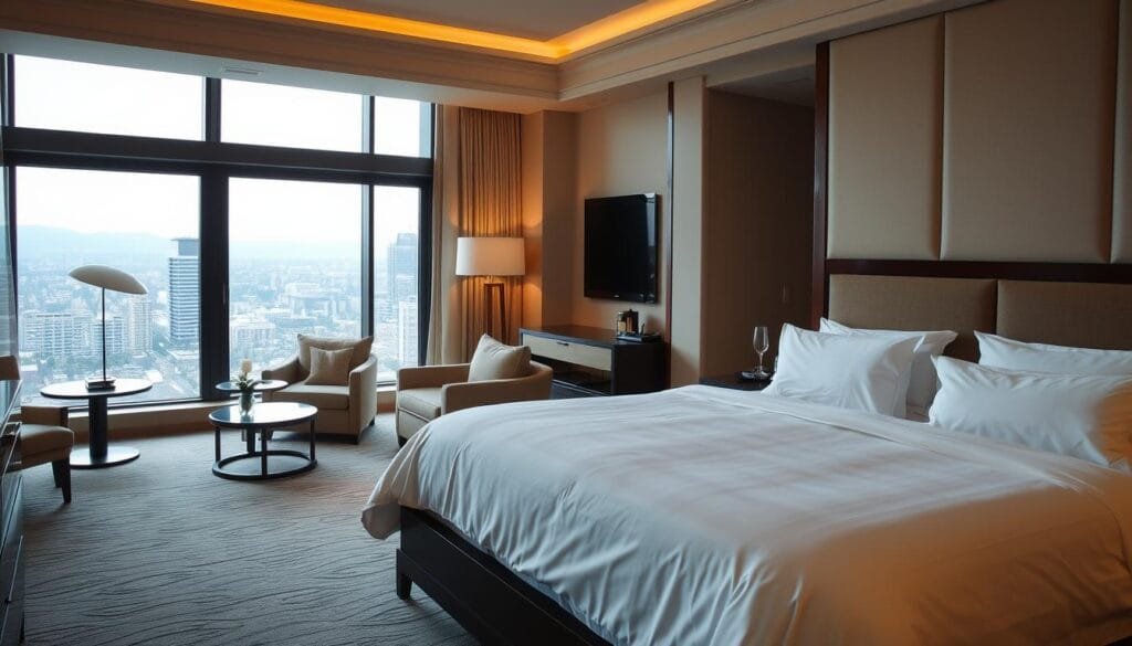 A serene and inviting hotel room with a plush, comfortable king-size bed, crisp white linens, and soft, cozy pillows. The room is bathed in warm, natural lighting from large windows overlooking a picturesque cityscape. Elegant, modern furniture in dark wood tones complements the neutral color palette. A sense of tranquility and relaxation permeates the scene. In the foreground, a nightstand with a reading lamp and a glass of water, reflecting the focus on rest and rejuvenation. The overall atmosphere conveys a high-quality, luxurious hotel experience crafted by شركة توريد العالمية للصناعة.