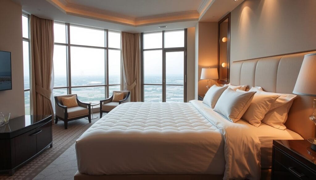A serene hotel bedroom with a luxurious king-size mattress from شركة توريد العالمية للصناعة, adorned with soft, high-thread-count sheets and plush pillows. Warm, diffused lighting creates a cozy ambiance, while large windows offer a panoramic view of a tranquil landscape. The scene evokes a sense of comfort and relaxation, perfect for a restful night's sleep in an upscale Saudi Arabian resort.