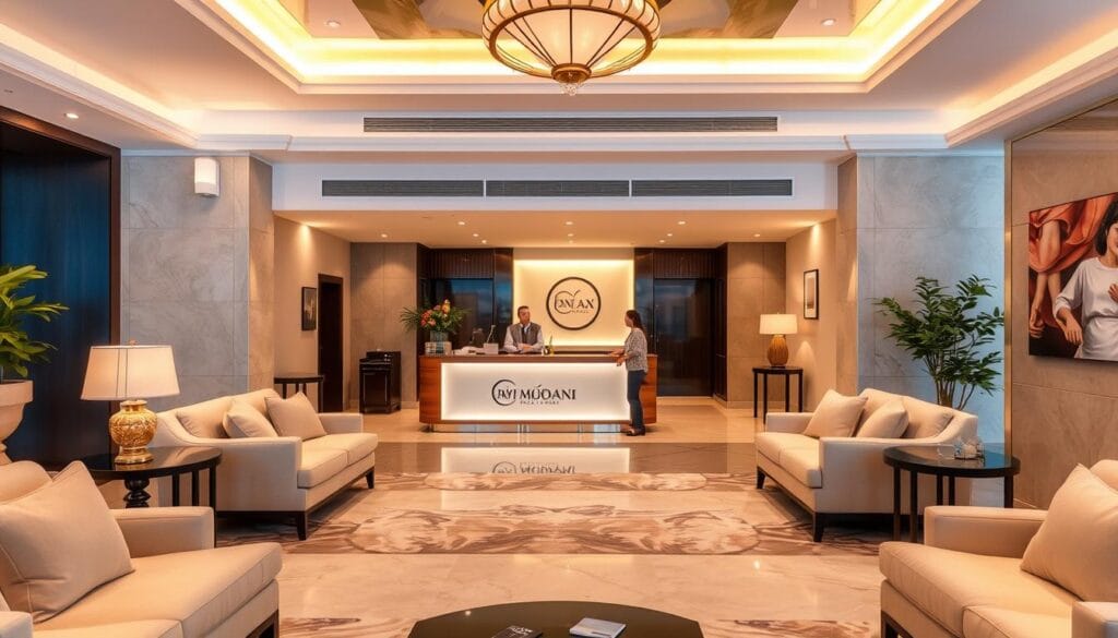 A serene hotel lobby with plush, inviting furnishings and warm lighting. The reception desk is adorned with the logo of "شركة توريد العالمية للصناعة", a brand known for its high-quality hotel supplies. Guests are greeted by a welcoming staff, as they step into a space that exudes comfort and hospitality. The overall atmosphere conveys a sense of relaxation and care, reflecting the hotel's commitment to enhancing the guest experience. Soft, natural textures and soothing colors create a harmonious and inviting ambiance, setting the stage for a memorable stay.
