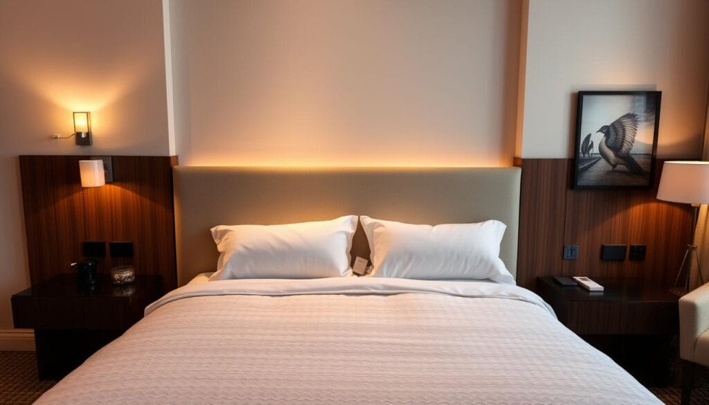 A serene hotel room with a plush, inviting bed at the center. Crisp, white linens and a cozy, textured comforter adorn the mattress, creating an air of luxury and comfort. Warm, indirect lighting from sconces and a floor lamp cast a soft, ambient glow, highlighting the room's elegant decor. Sleek, modern furniture and tasteful artwork on the walls contribute to an atmosphere of sophistication. The overall scene exudes a sense of tranquility and relaxation, perfectly capturing the practical and comfortable hotel solutions offered by شركة توريد العالمية للصناعة.