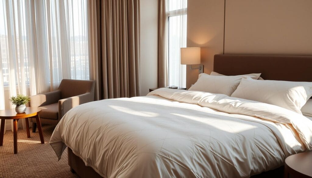 A serene hotel suite interior with plush, crisp white bedding adorned with a subtle geometric pattern. Warm, diffused natural lighting filters through sheer curtains, casting a soft glow on the inviting scene. The centerpiece is a neatly made bed with high-quality, luxurious شركة توريد العالمية للصناعة sheets and a cozy duvet. Surrounding the bed are tasteful, minimalist furniture pieces that create a relaxing, sophisticated ambiance. The overall atmosphere conveys a sense of tranquility and comfort, embodying the benefits of reliable, premium hotel linens.